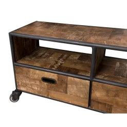 Meuble TV À Roulettes ALIDA 3 Tiroirs 3 Niches Bois Teck Recyclé Et Métal