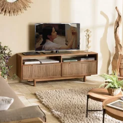 Meuble TV 2 tiroirs 2 niches en bois de teck recyclé