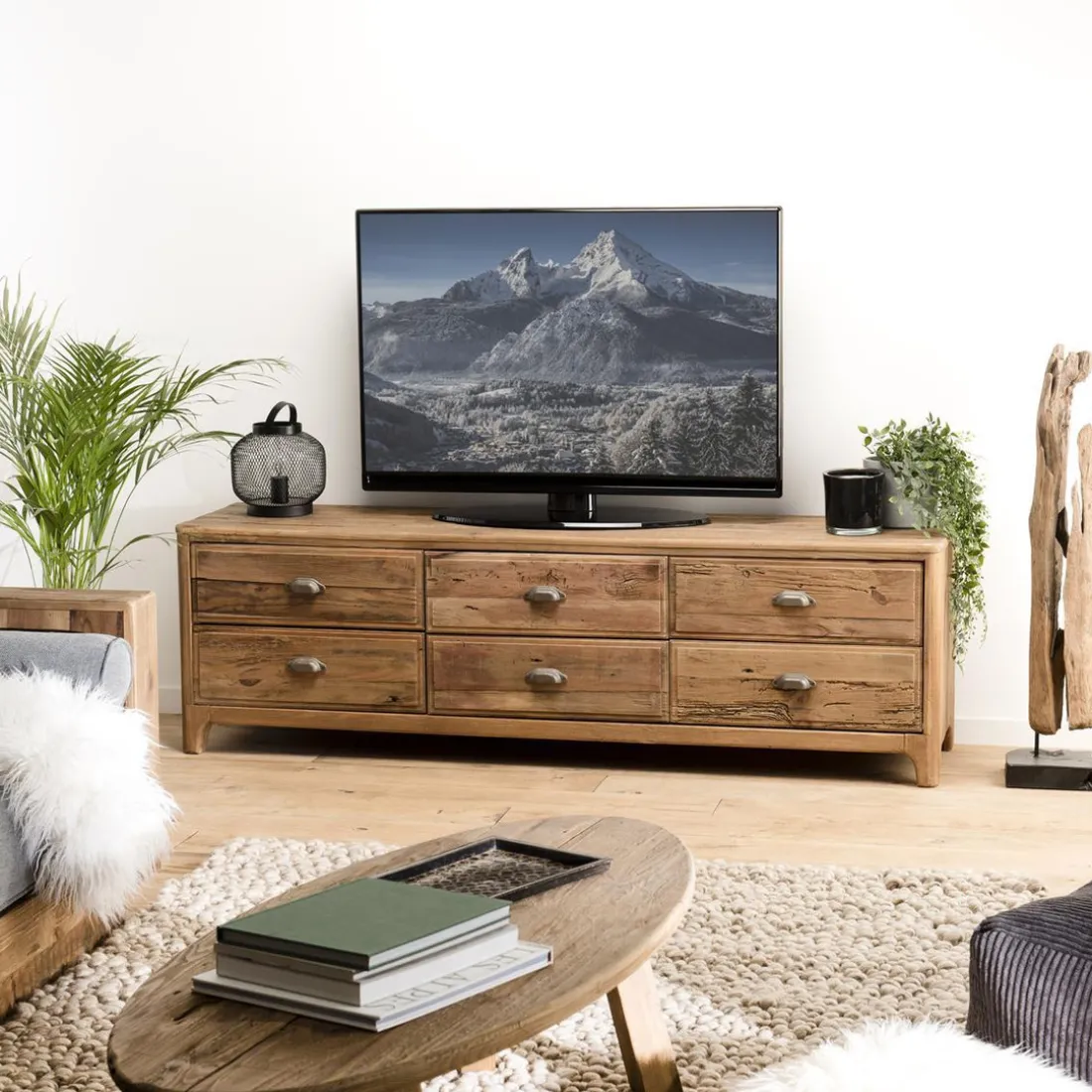 Meuble TV ANDRIAN 6 Tiroirs Bois Pin Recyclé