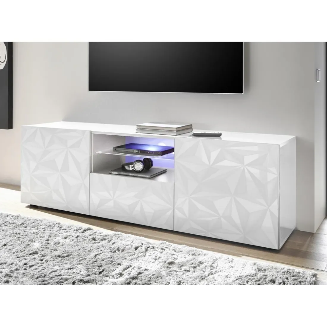 Meuble TV deux portes et 1 tiroir PRISMA laqué blanc brillant