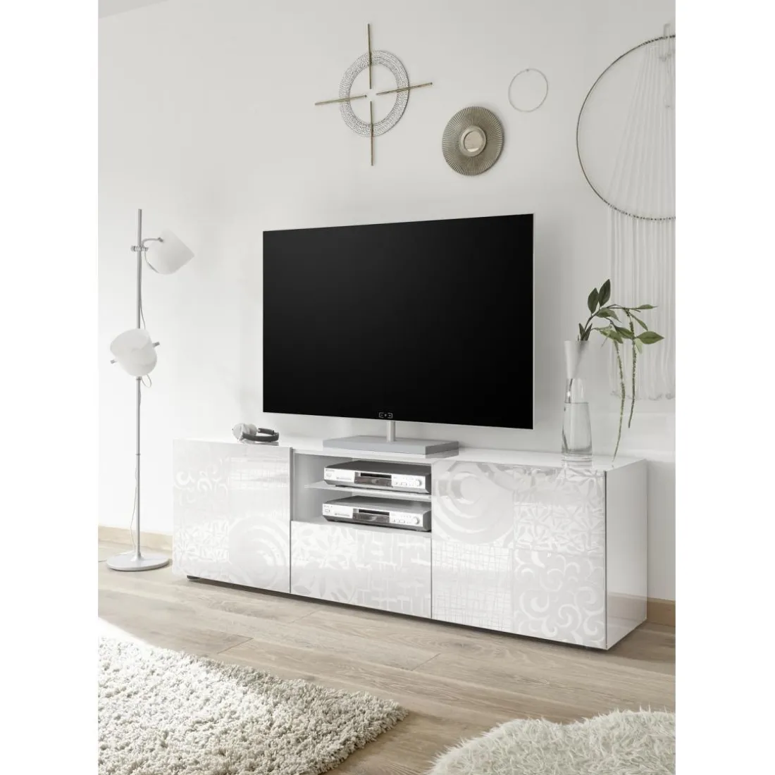 Meuble TV deux portes et 1 tiroir MIRO laqué blanc brillant