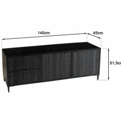 Meuble TV en bois de manguier avec 2 portes et 2 tiroirs sculptés GLORIA noir