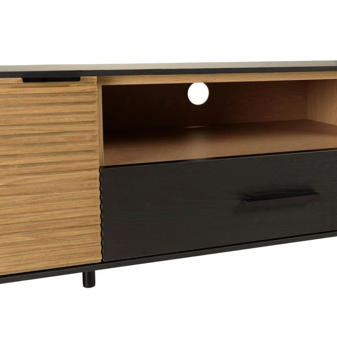 Meuble TV marron, noir 2 p. 1 tiroir 1 niche Pin pieds métal