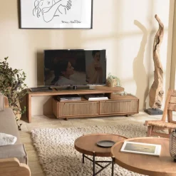 Meuble TV modulable 140x40cm 2 tiroirs en bois teck recyclé