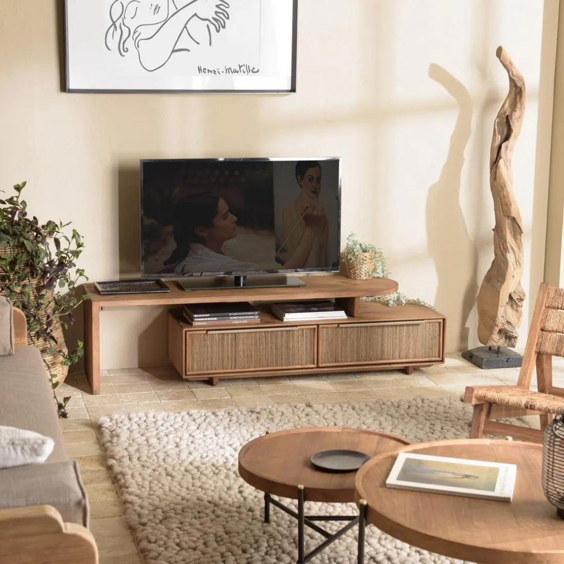Meuble TV modulable 140x40cm 2 tiroirs en bois teck recyclé
