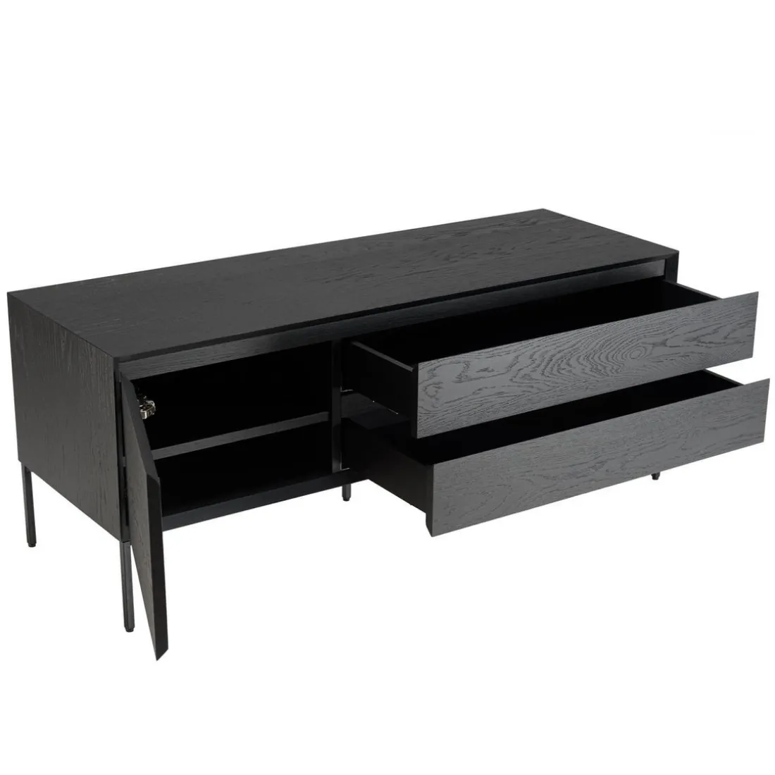Meuble TV noir 1 porte 2 tiroirs pieds métal noir MAXENDRE