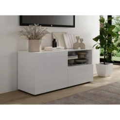 Meuble TV petit 1 porte 1 tiroir RIO blanc laqué brillant