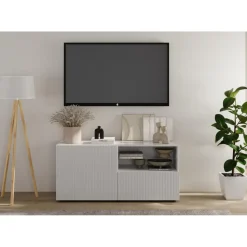 Meuble TV petit 1 porte 1 tiroir RIO blanc laqué brillant