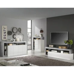 Meuble TV un abattant blanc lacqué brillant béton