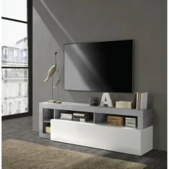 Meuble TV un abattant blanc lacqué brillant béton