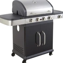 Pack Barbecue gaz Américain FIDGI 4 brûleurs avec Housse et Coffret 3 pièces aimantés : pince, spatule, fourchette