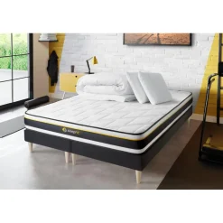 Pack double sommier matelas SOFT 2 oreillers memoire de forme et Couette Percale