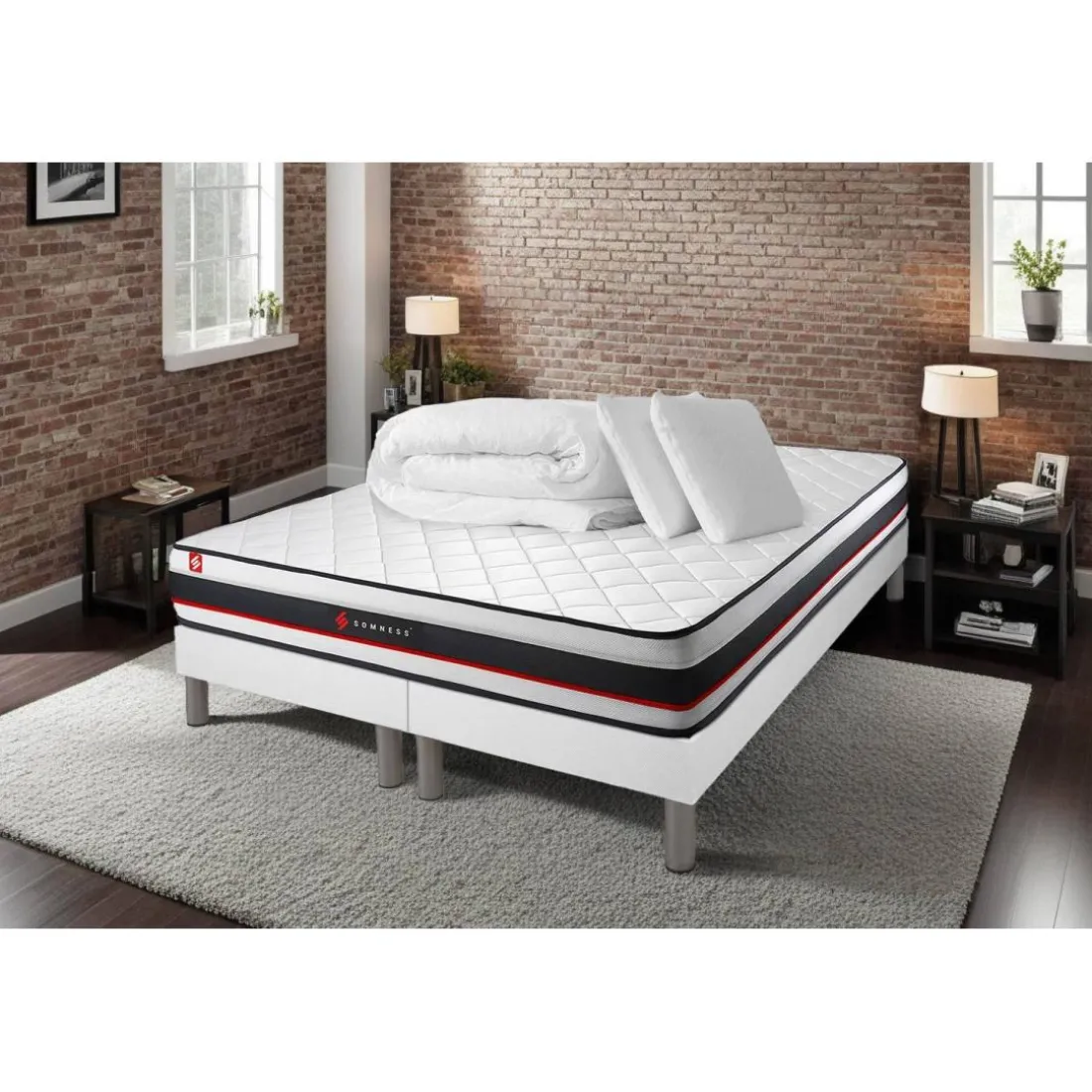 Pack double sommier matelas et 2 oreillers memoire de forme Couette Percale
