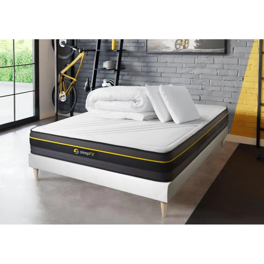 Pack matelas ACTIVE sommier blanc Couette et 2 oreillers