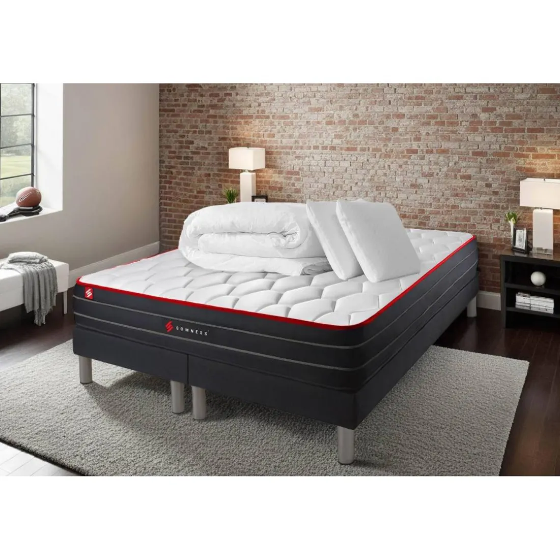 Pack matelas double sommiers noir Couette et 2 oreillers