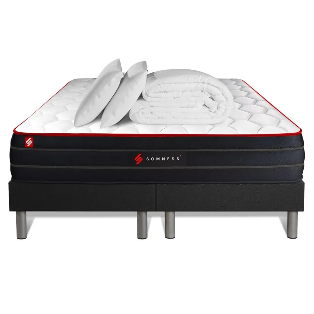 Pack matelas double sommiers noir Couette et 2 oreillers