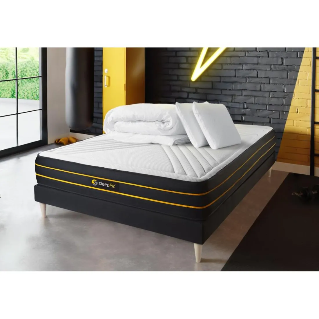 Pack matelas ULTRA sommier noir Couette 2 oreillers
