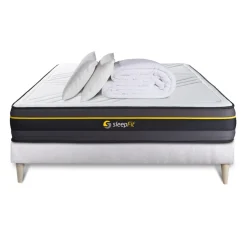 Pack prêt a dormir matelas ACTIVE sommier kit blanc 2 oreillers memoire de forme et Couette Percale