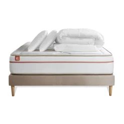 Pack prêt a dormir matelas LE PAISIBLE Memoire de forme BioVisco sommier kit Beige 2 oreillers couette