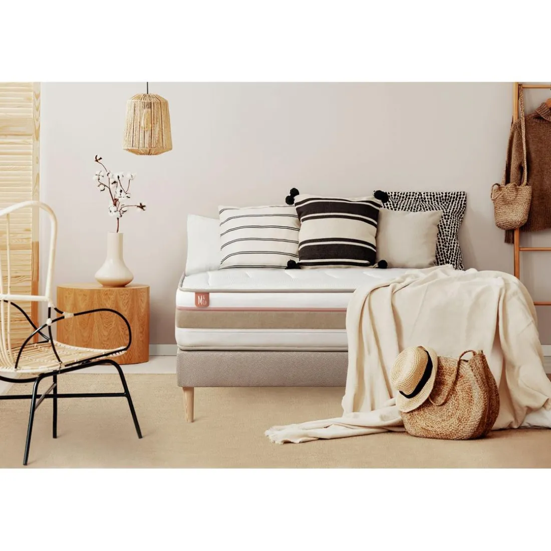 Pack prêt a dormir matelas LE TENDRE Ressorts ensaches Memoire de forme sommier kit Beige