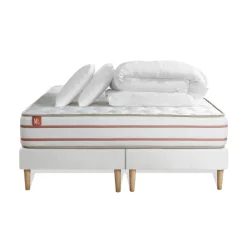 Pack prêt a dormir matelas LE DOUX Memoire de forme double sommiers Blanc 2 oreillers couette