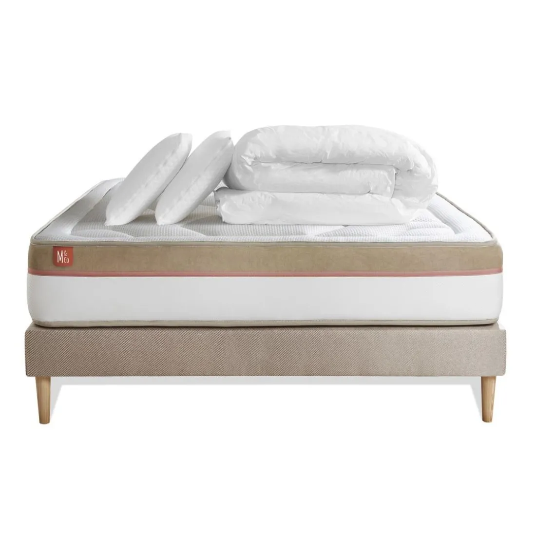 Pack prêt a dormir matelas LE COSY Memoire de forme sommier kit Beige 2 oreillers, couette
