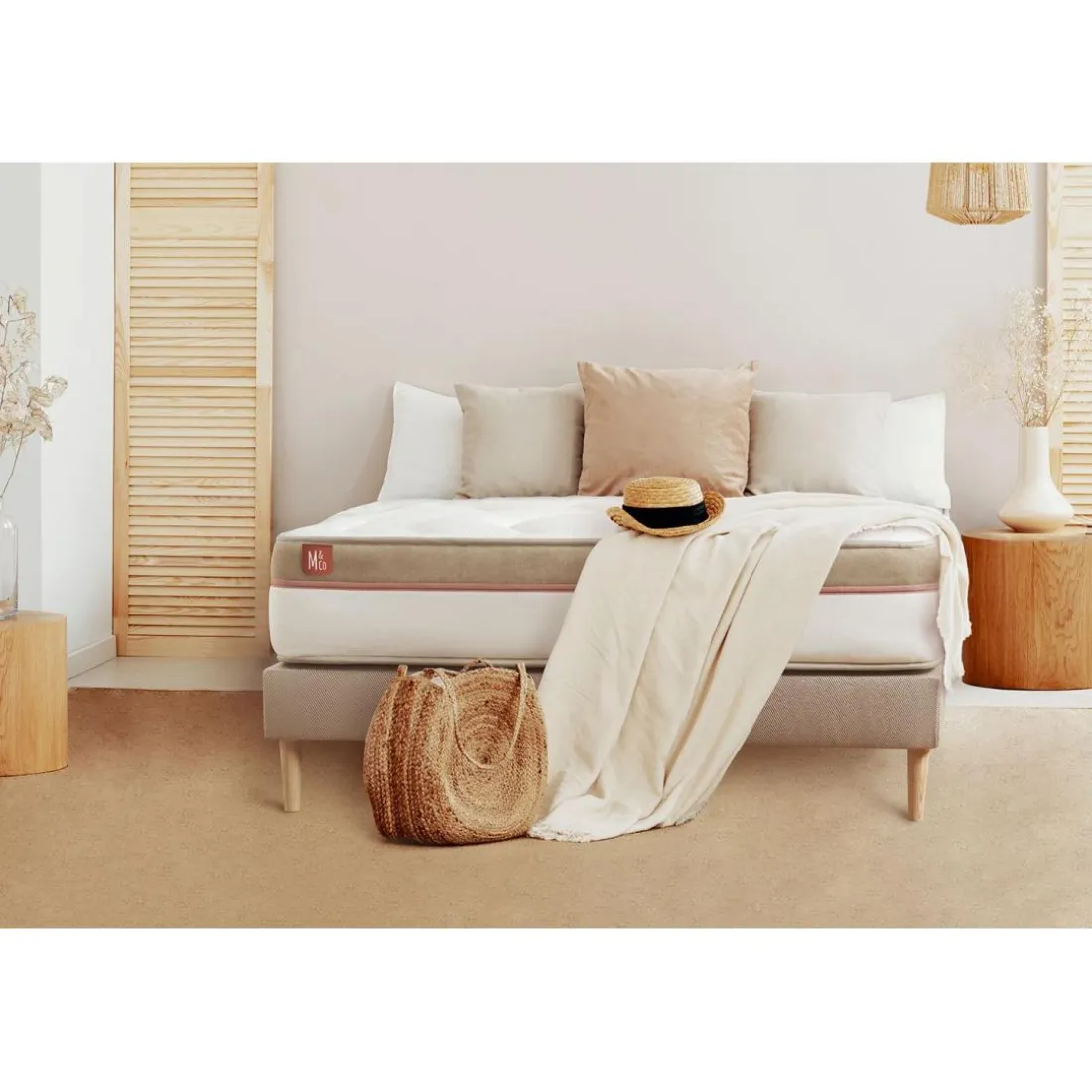 Pack prêt a dormir matelas LE COSY Memoire de forme sommier kit Beige 2 oreillers, couette