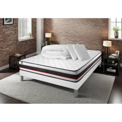 Pack prêt a dormir matelas avec sommier kit blanc et 2 oreillers memoire de forme Couette Percale