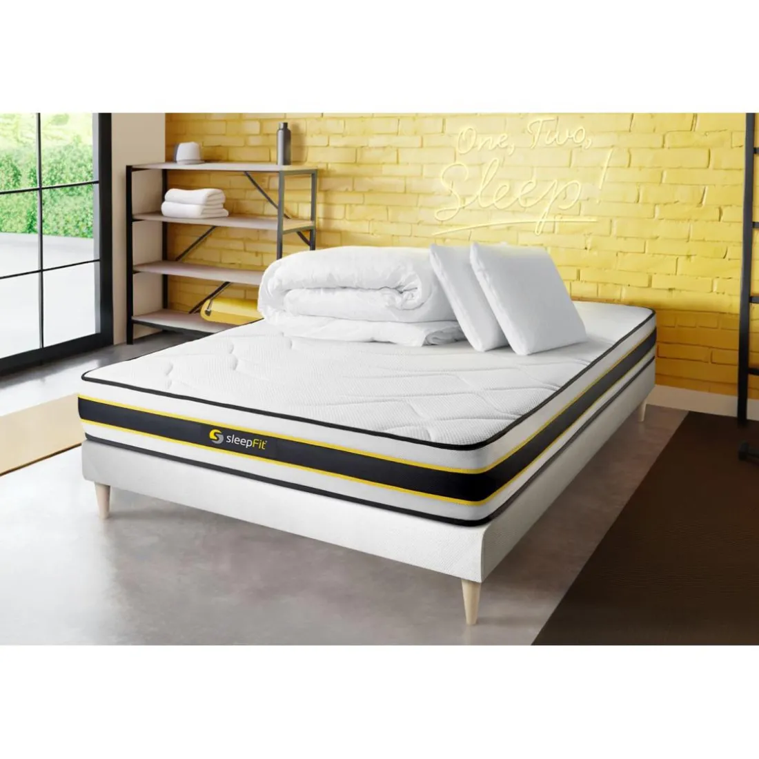 Pack prêt a dormir matelas FLEXY sommier kit blanc 2 oreillers memoire de forme et Couette Percale