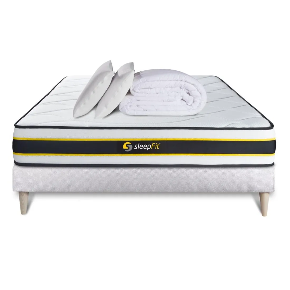 Pack prêt a dormir matelas FLEXY sommier kit blanc 2 oreillers memoire de forme et Couette Percale