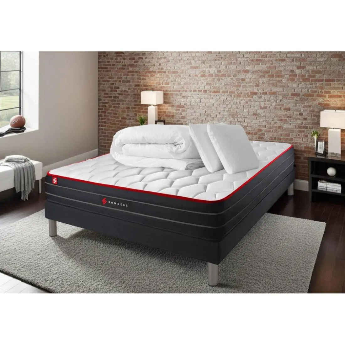 Pack prêt a dormir matelas ressorts ensaches et memoire de forme sommier kit noir Couette 2 oreillers