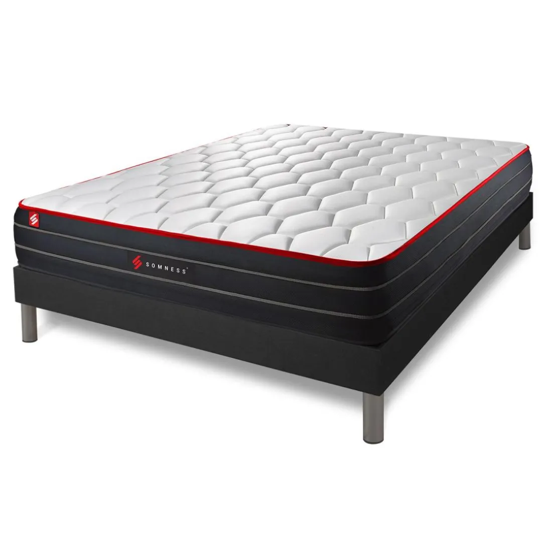 Pack prêt a dormir matelas ressorts ensaches et memoire de forme sommier kit noir Couette 2 oreillers