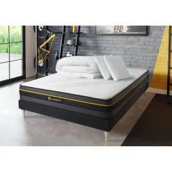 Pack prêt a dormir matelas sommier kit noir 2 oreillers memoire de forme Couette Percale