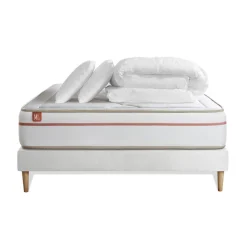Pack prêt a dormir matelas LE PAISIBLE Memoire de forme BioVisco sommier kit Blanc 2 oreillers couette