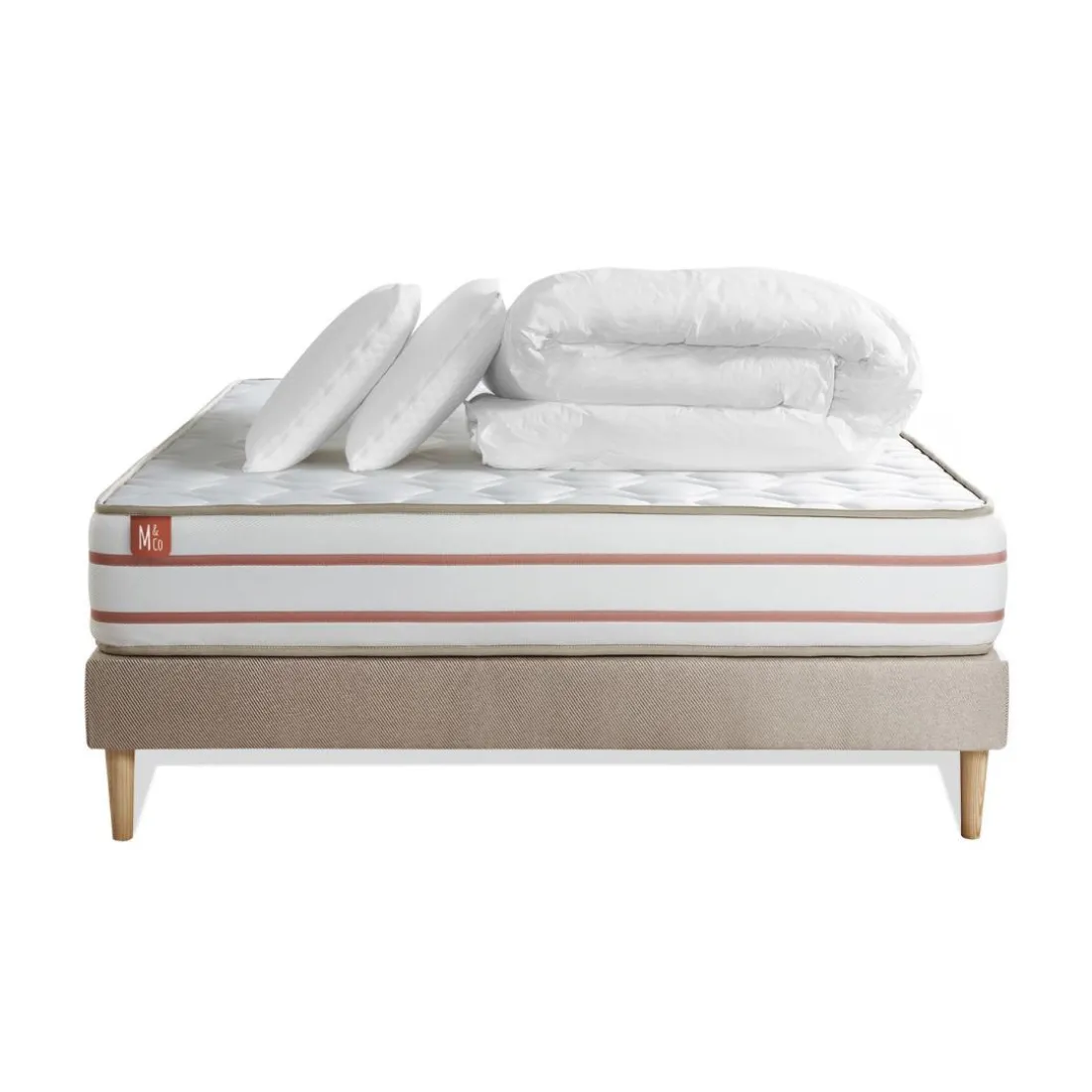 Pack prêt a dormir matelas LE DOUX Memoire de forme sommier Beige 2 oreillers couette