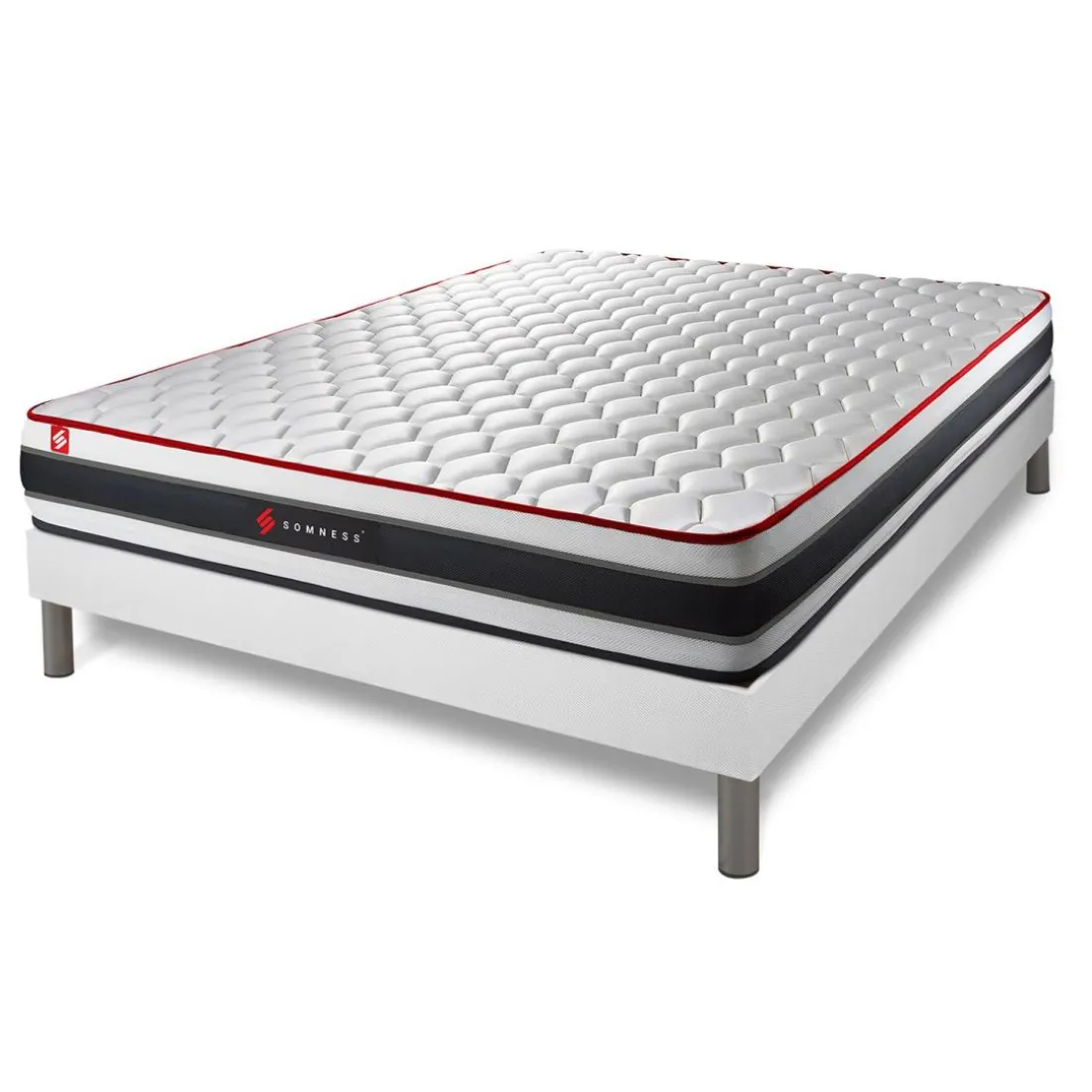 Pack prêt a dormir matelas ressorts ensaches et memoire de forme sommier kit blanc Couette 2 oreillers