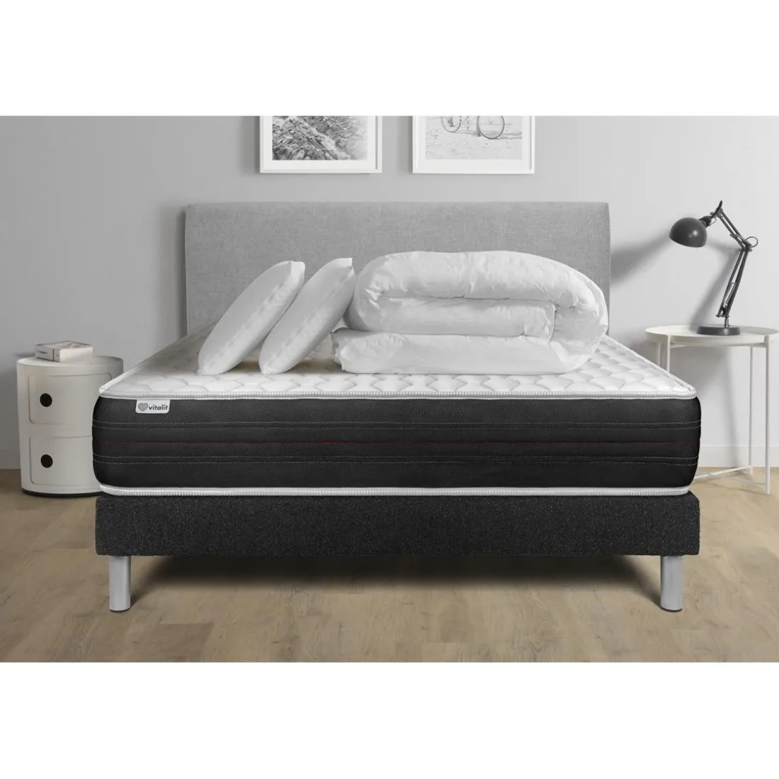 Pack prêt a dormir VITALSPRING sommier Kit noir