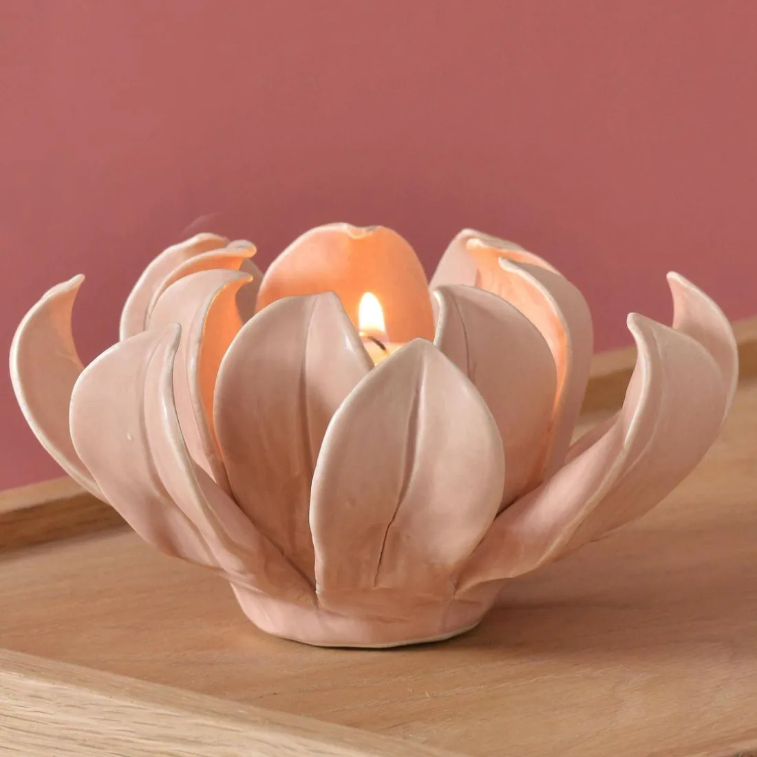 Photophore fleur ouverte en céramique EXTAR rose