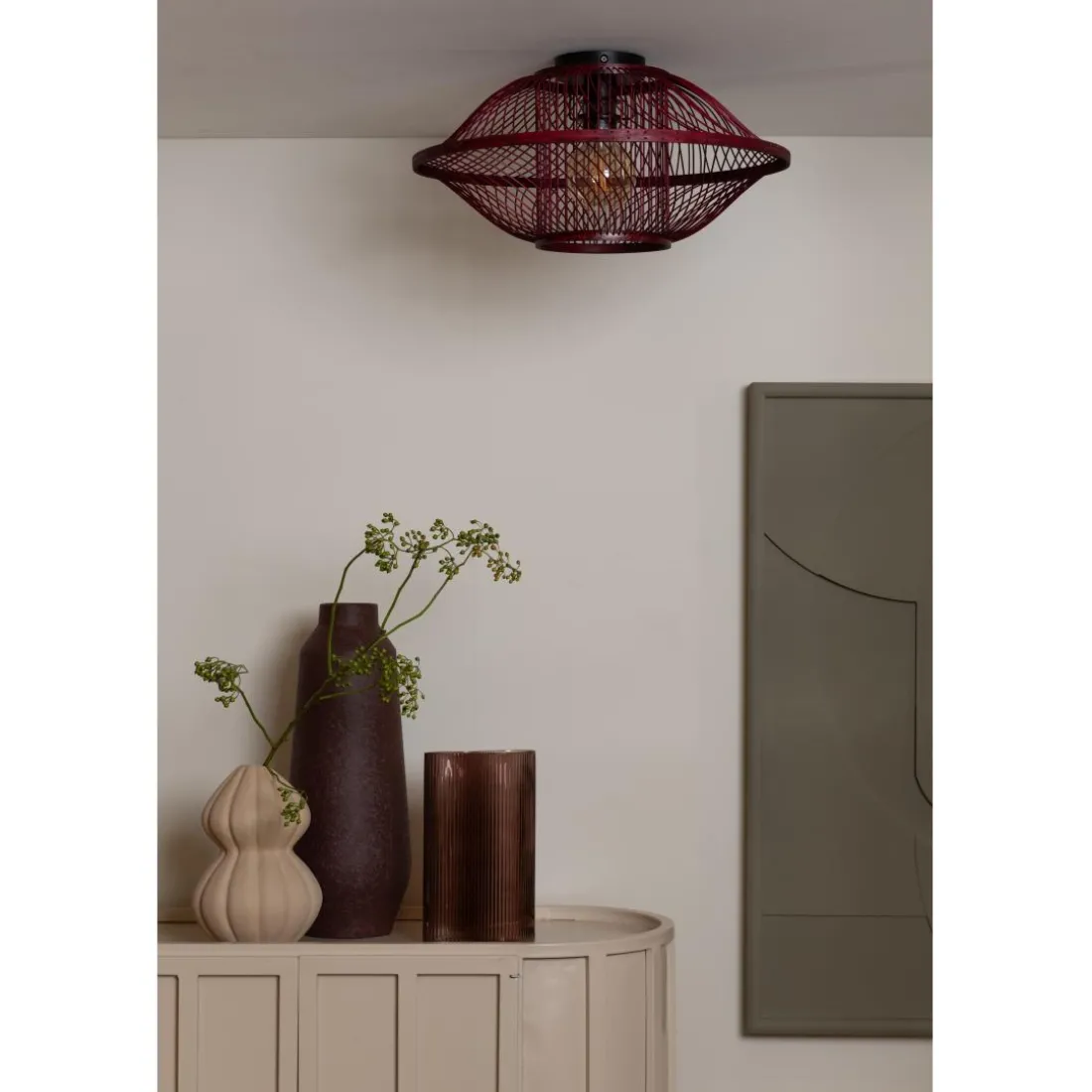 Plafonnier Maui bambou abat-jour bordeaux