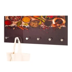 Portant à vetement mural en verre trempé avec motifs épices imprimés et 6 crochets optique inox