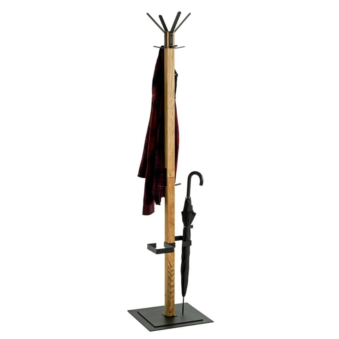 Porte manteau en bois avec crochets et pied métal noir
