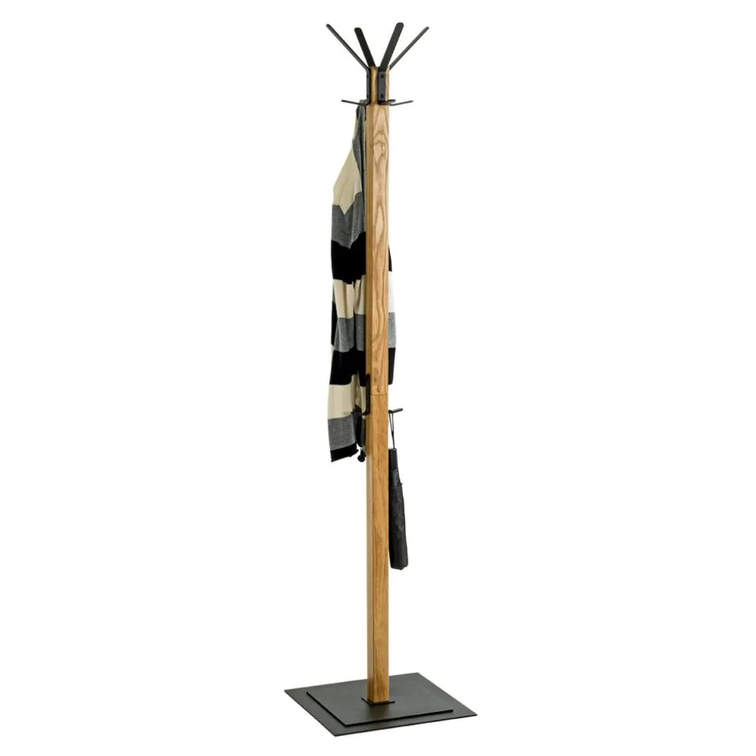Porte manteau en bois crochets et pied métal noir