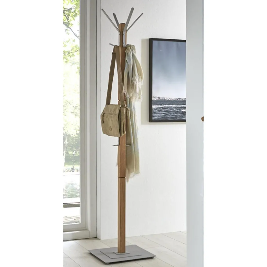 Porte manteau en Bois massif Chêne avec crochets et pied en Métal couleur Alu