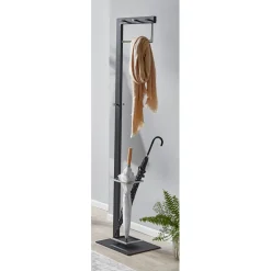 Porte manteau en métal noir crochets, porte-parapluies et boutons chromés