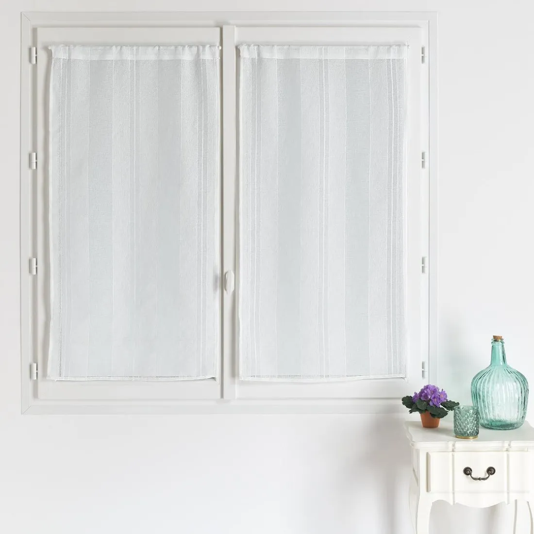 RIDEAU PAIRE ETAMINE RAYURES-BLANC-045X120