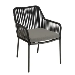 Salon de jardin 2 personnes Table carrée et 2 fauteuils gris et noirs en cordage