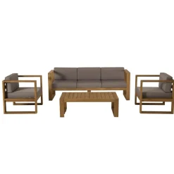 SALON DE JARDIN EN BOIS TECK : 1 Canapé 3 places, 2 fauteuils avec coussins waterproof et une table basse 110x60cm