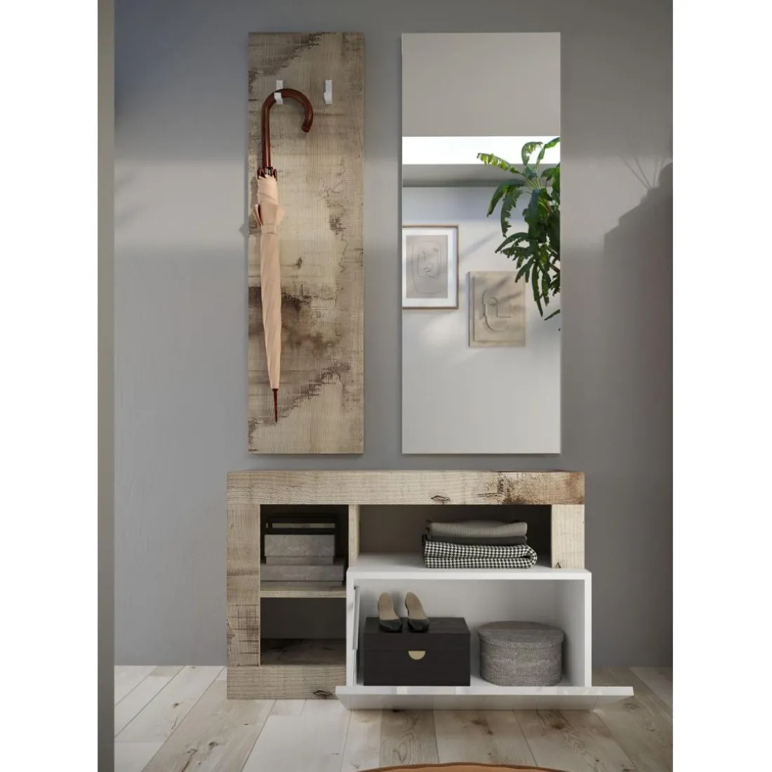 Set 3 pieces meuble d'entrée blanc tons bois