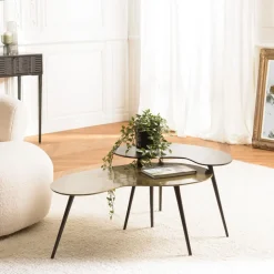 Set de 2 tables basses ovoïdes en Aluminium JAMES Noir mat et Doré