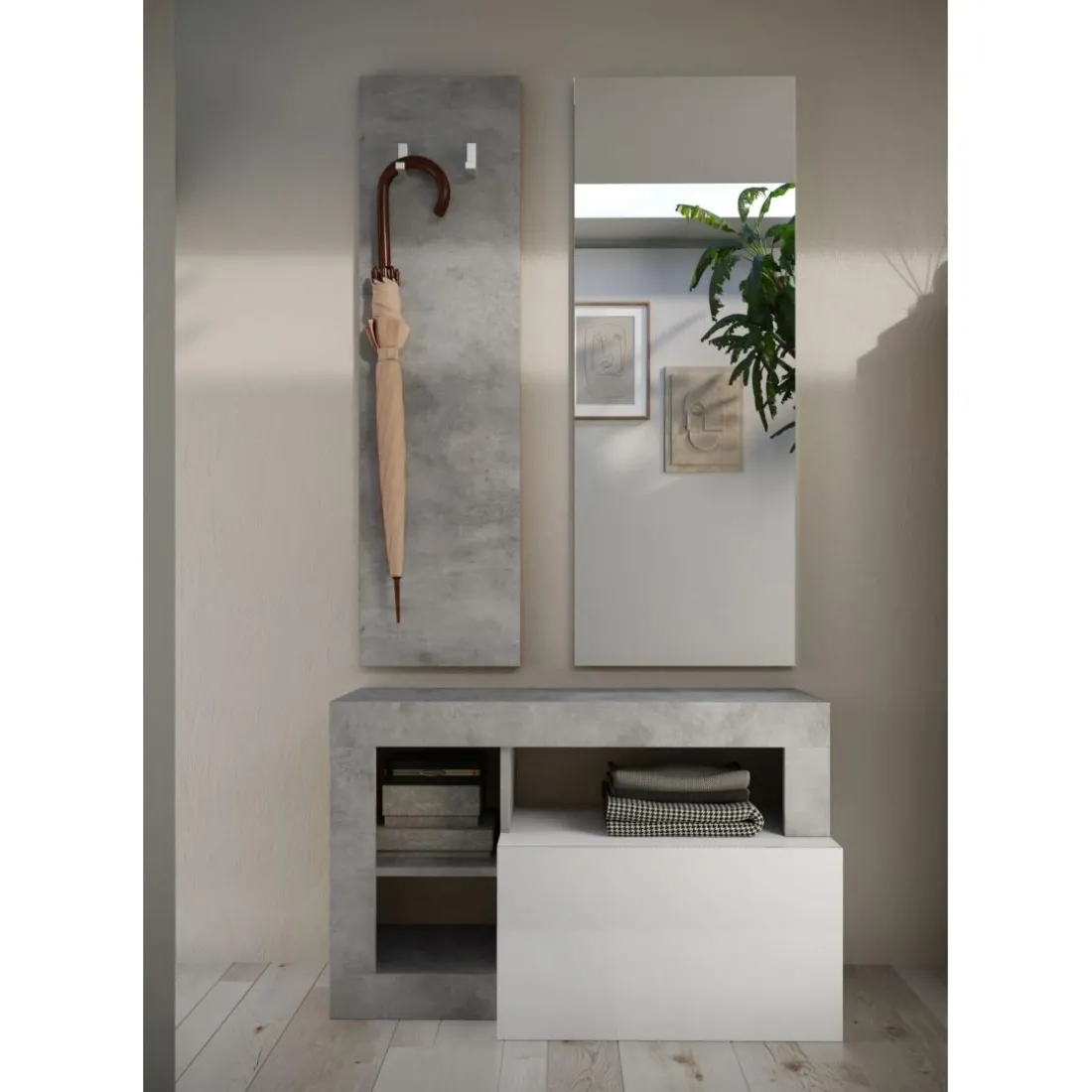 Set de Meuble d'entrée Ancona coloris effet béton avec tiroir Laqué Blanc L91 cm
